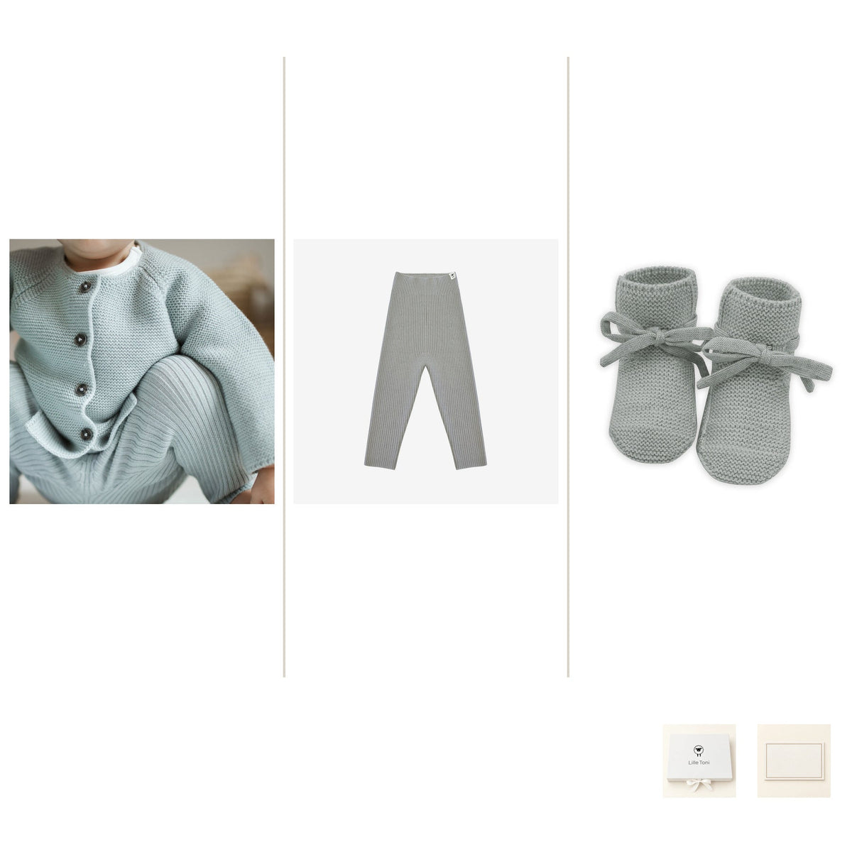 Geschenkset aus Cardigan Emil, Leggings Finn und Babyschuhen Toni in dusty sage – drei Originalansichten