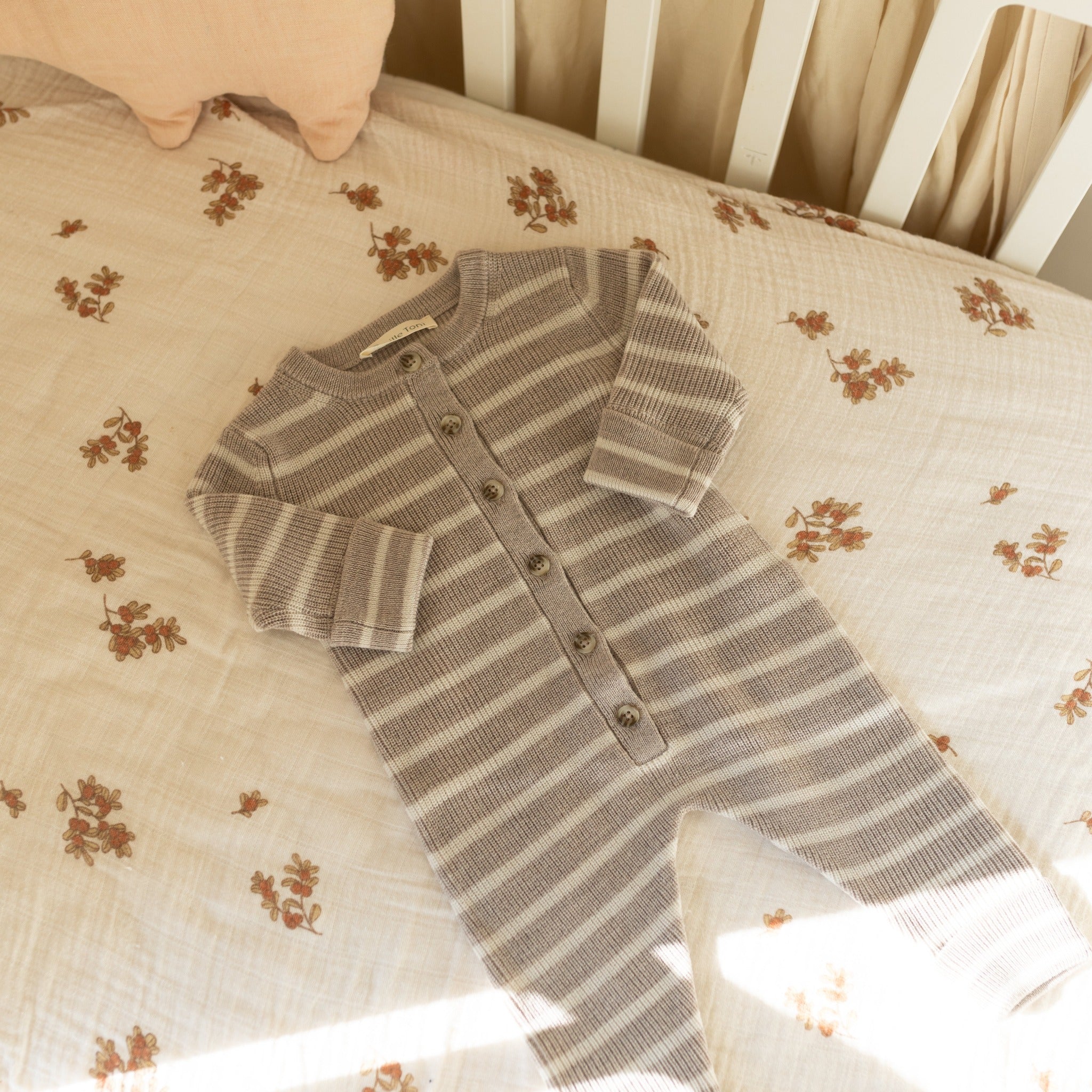 Thea romper in camel/ cream striped